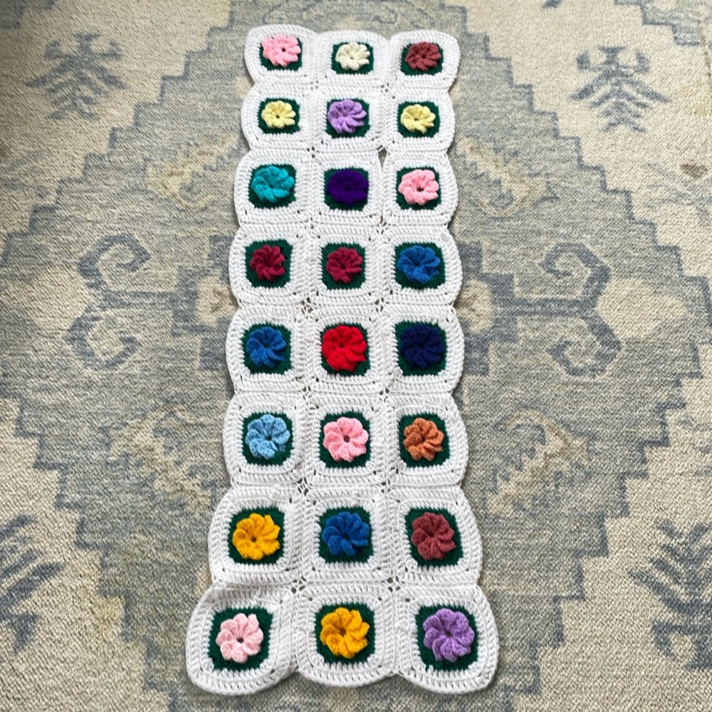 Handmade Crocheted Rainbow Multicolor Rosette Table Runner